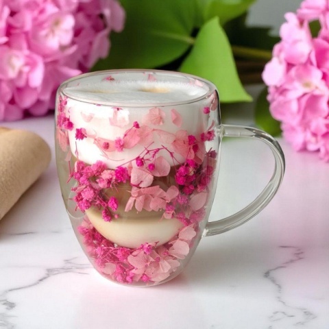 Szklanki termiczne z kwiatami w środku, gipsówka hortensje róż 300 ml 5szt