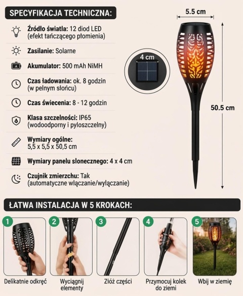 lampa solarna ogrodowa pochodnia ogień efekt płomienia