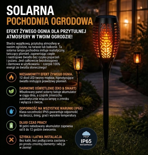 lampa solarna ogrodowa pochodnia ogień efekt płomienia